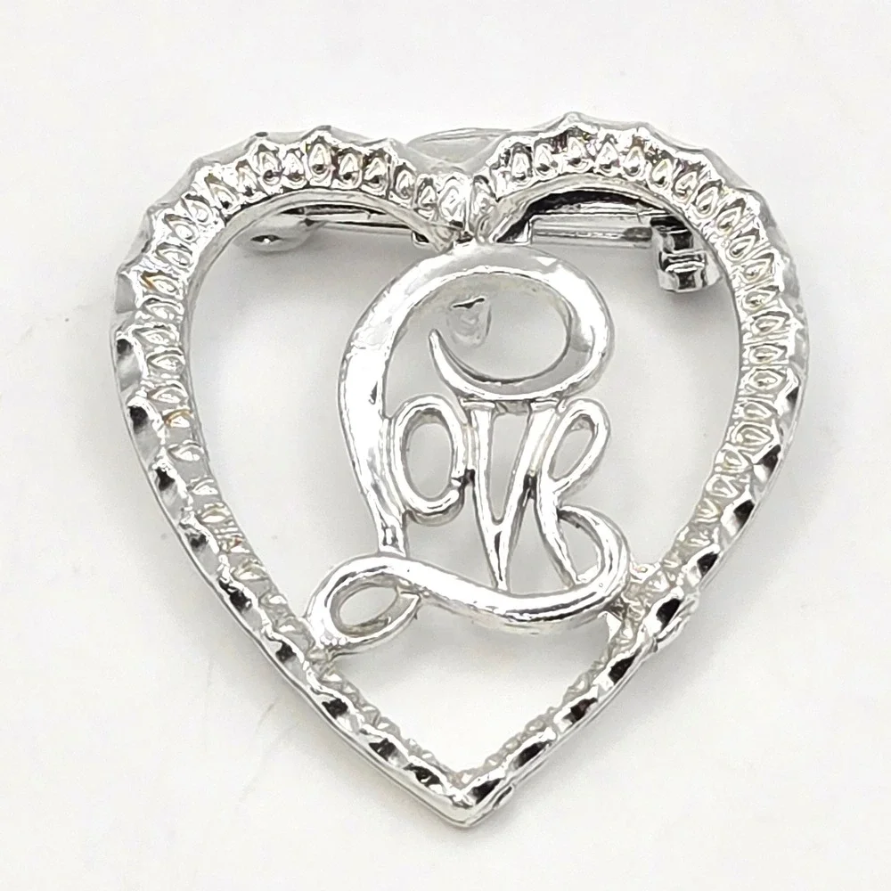 Vintage‎ Heart Brooch Lot 3pc Rhinestone Love Script Gold Tone Enamel Bar Pin